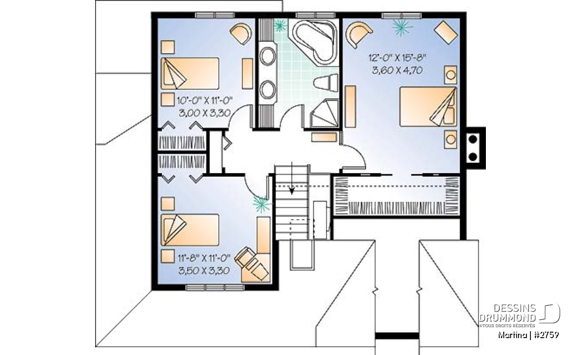 Étage - Plan de maison de campagne, bureau , espace ouvert avec foyer, 3 chambres - Martina
