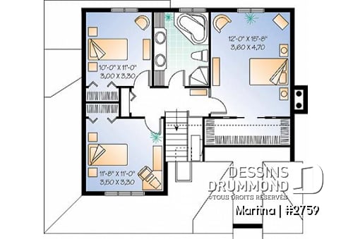 Étage - Plan de maison de campagne, bureau , espace ouvert avec foyer, 3 chambres - Martina
