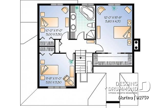 Étage - Plan de maison de campagne, bureau , espace ouvert avec foyer, 3 chambres - Martina