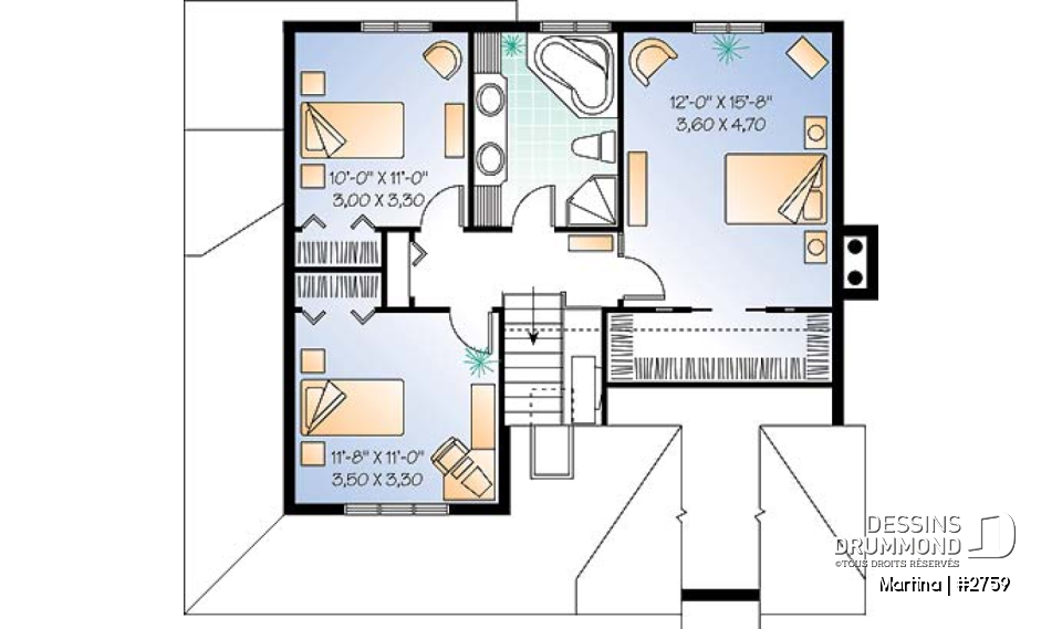 Étage - Plan de maison de campagne, bureau , espace ouvert avec foyer, 3 chambres - Martina