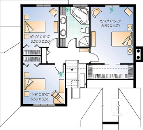 Étage - Plan de maison de campagne, bureau , espace ouvert avec foyer, 3 chambres - Martina