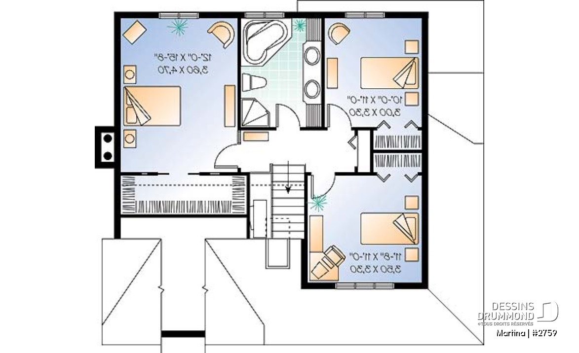 Étage - Plan de maison de campagne, bureau , espace ouvert avec foyer, 3 chambres - Martina