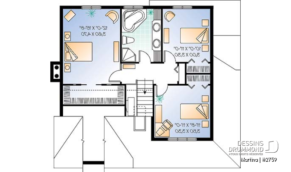 Étage - Plan de maison de campagne, bureau , espace ouvert avec foyer, 3 chambres - Martina