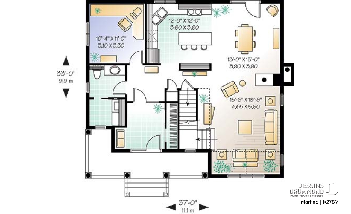 Rez-de-chaussée - Plan de maison de campagne, bureau , espace ouvert avec foyer, 3 chambres - Martina