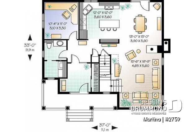 Rez-de-chaussée - Plan de maison de campagne, bureau , espace ouvert avec foyer, 3 chambres - Martina