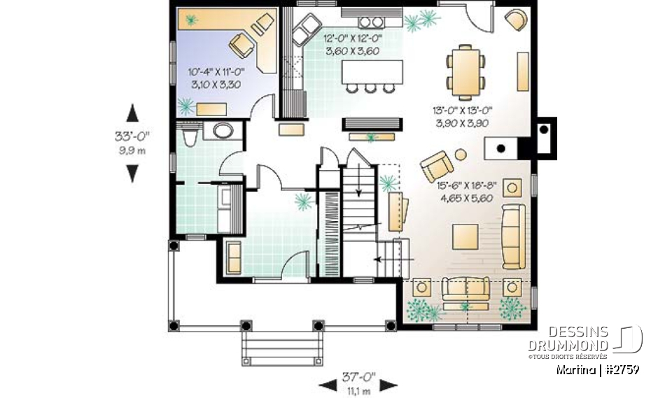 Rez-de-chaussée - Plan de maison de campagne, bureau , espace ouvert avec foyer, 3 chambres - Martina