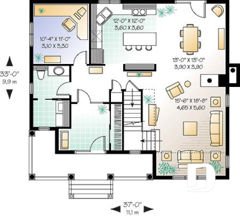 Rez-de-chaussée - Plan de maison de campagne, bureau , espace ouvert avec foyer, 3 chambres - Martina