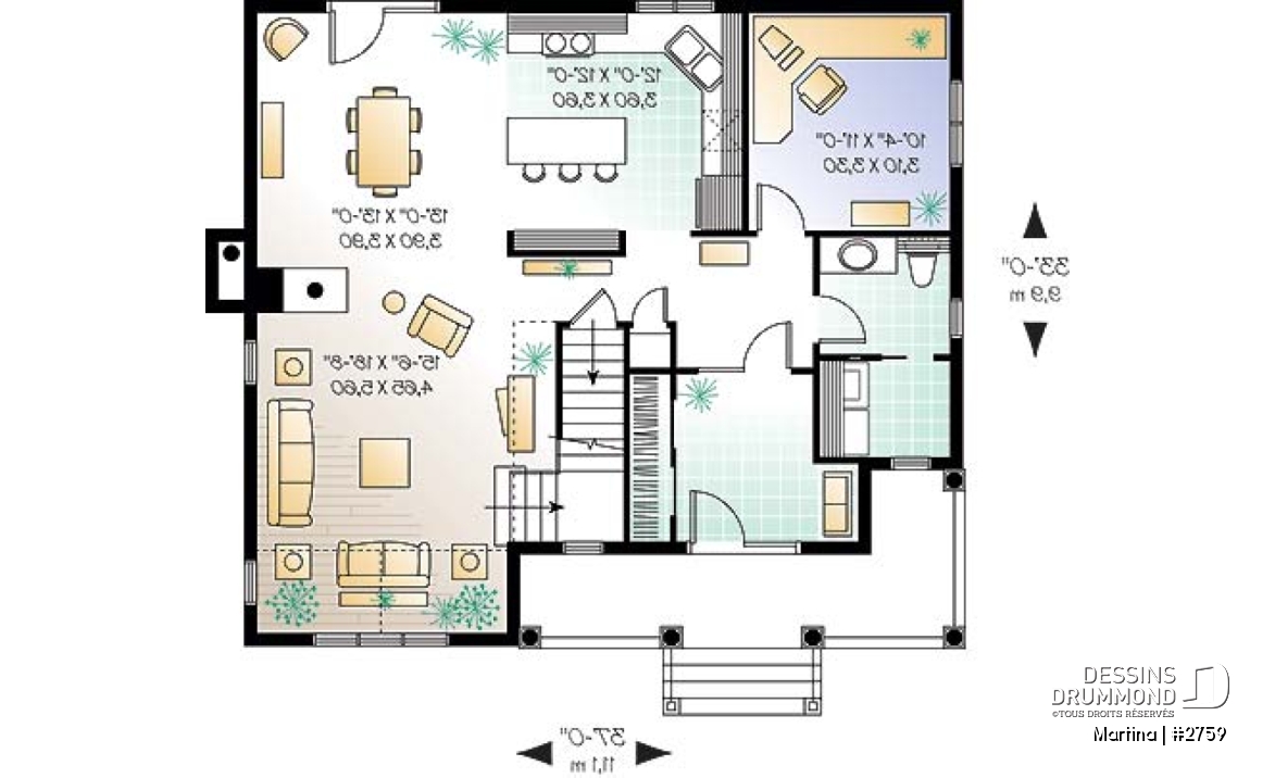 Rez-de-chaussée - Plan de maison de campagne, bureau , espace ouvert avec foyer, 3 chambres - Martina