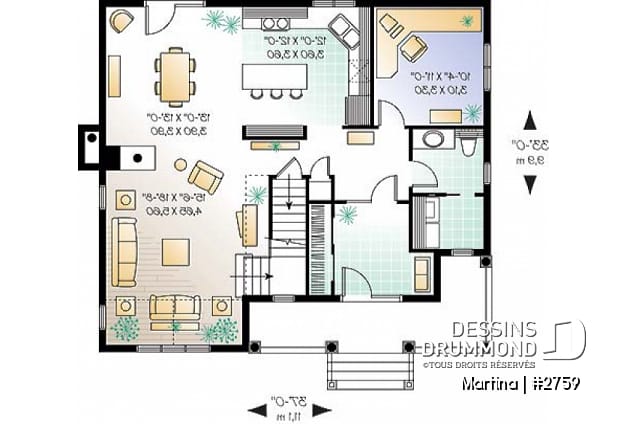 Rez-de-chaussée - Plan de maison de campagne, bureau , espace ouvert avec foyer, 3 chambres - Martina