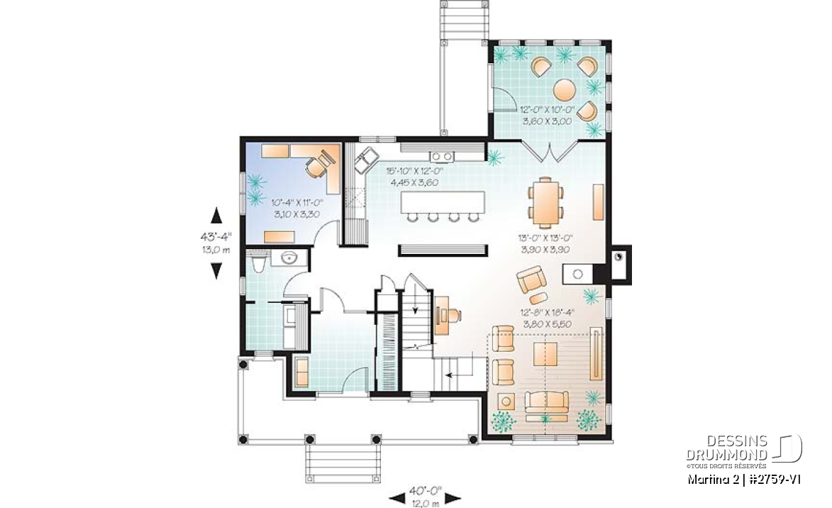 Rez-de-chaussée - Plan de maison avec solarium, bureau à domicile, 3 chambres, salle de lavage au rez-de-chaussée - Martina 2