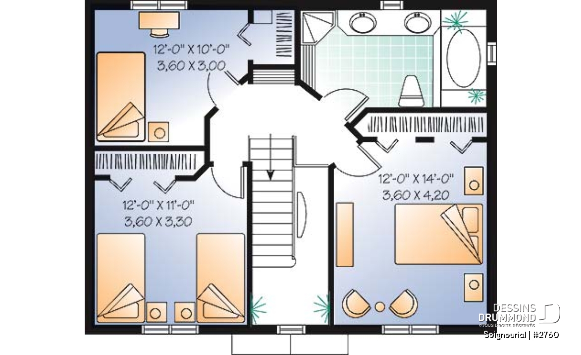 Étage - Plan de cottage style anglais, 3 chambres, salle à manger formelle, grande salle de bain familiale - Seigneurial