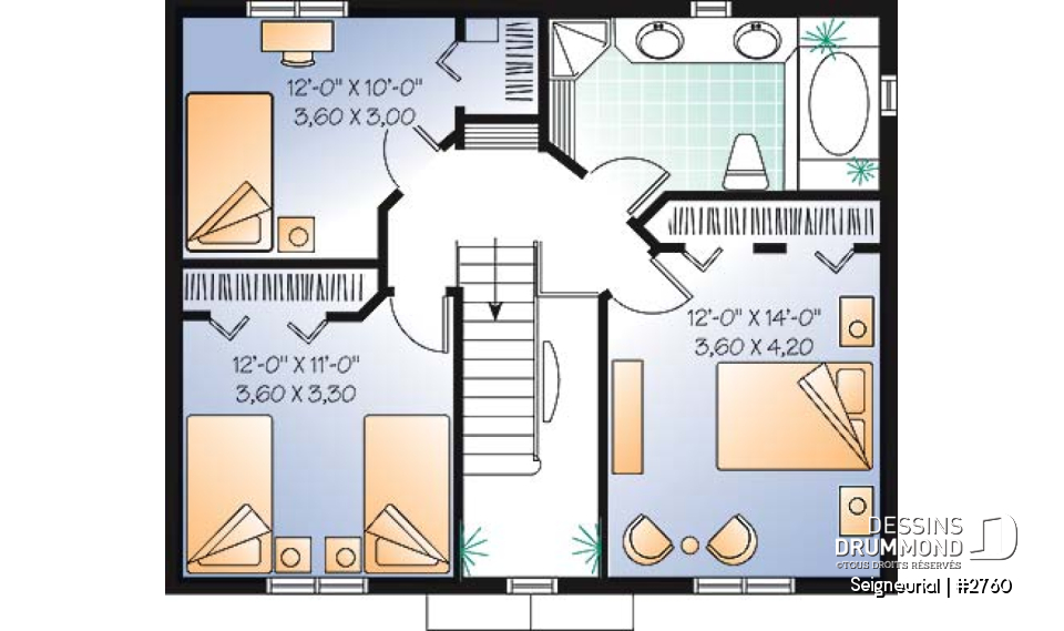 Étage - Plan de cottage style anglais, 3 chambres, salle à manger formelle, grande salle de bain familiale - Seigneurial