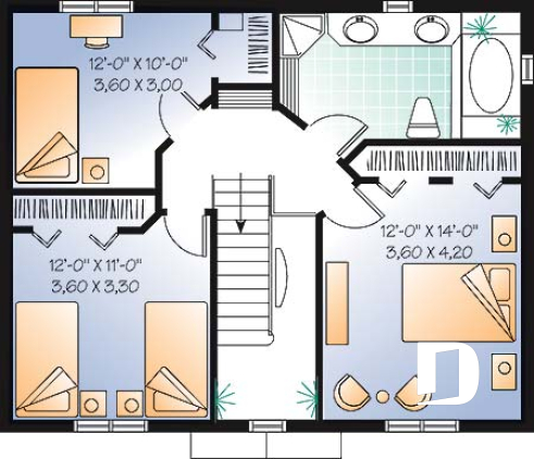 Étage - Plan de cottage style anglais, 3 chambres, salle à manger formelle, grande salle de bain familiale - Seigneurial
