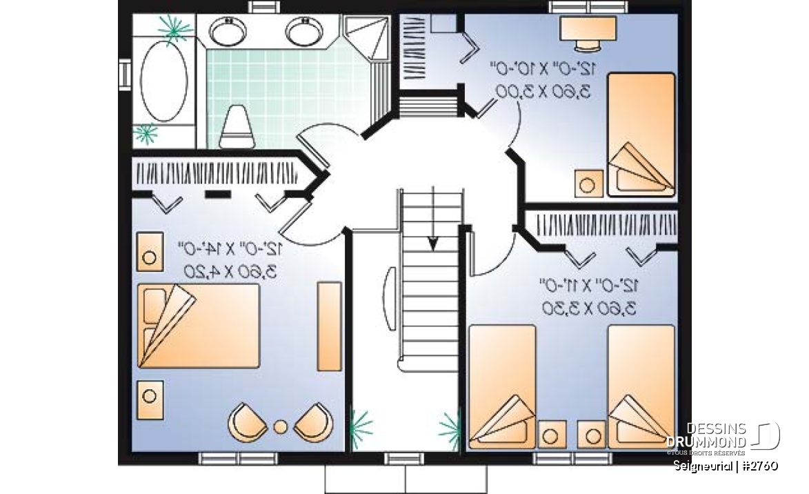 Étage - Plan de cottage style anglais, 3 chambres, salle à manger formelle, grande salle de bain familiale - Seigneurial