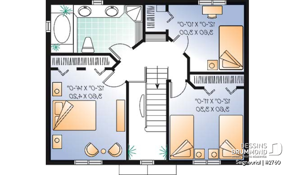 Étage - Plan de cottage style anglais, 3 chambres, salle à manger formelle, grande salle de bain familiale - Seigneurial