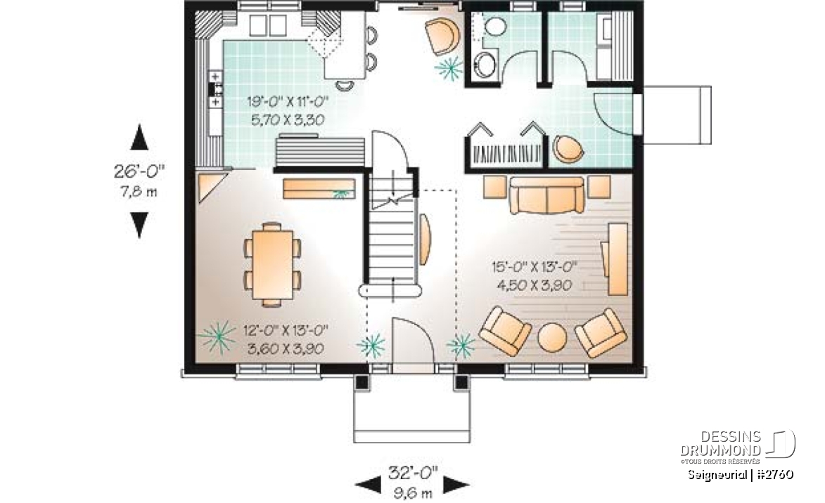 Rez-de-chaussée - Plan de cottage style anglais, 3 chambres, salle à manger formelle, grande salle de bain familiale - Seigneurial