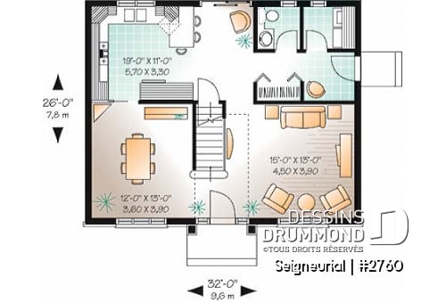 Rez-de-chaussée - Plan de cottage style anglais, 3 chambres, salle à manger formelle, grande salle de bain familiale - Seigneurial