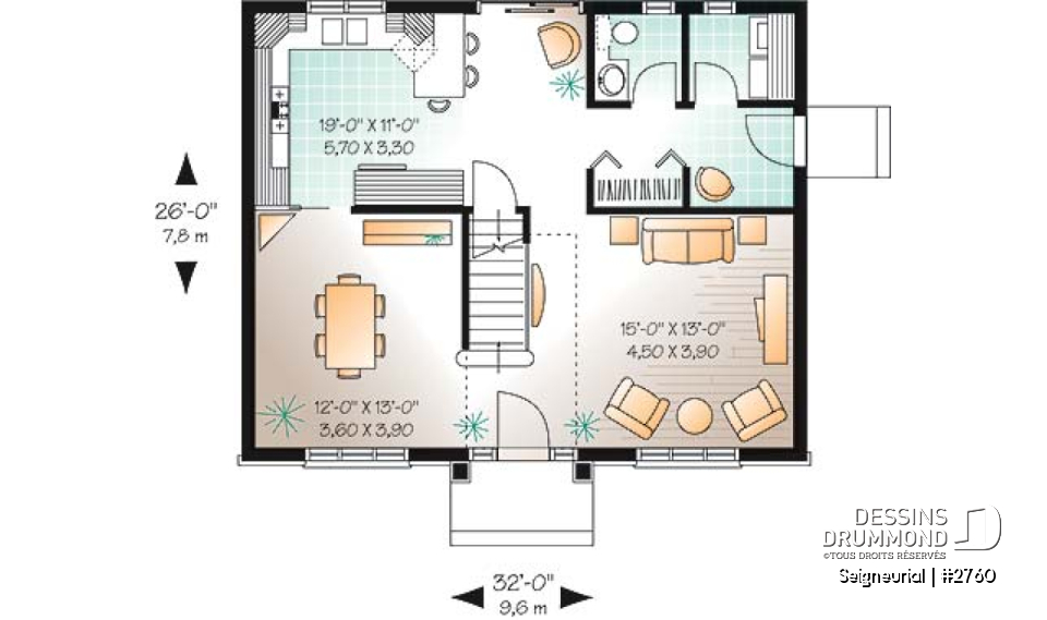 Rez-de-chaussée - Plan de cottage style anglais, 3 chambres, salle à manger formelle, grande salle de bain familiale - Seigneurial