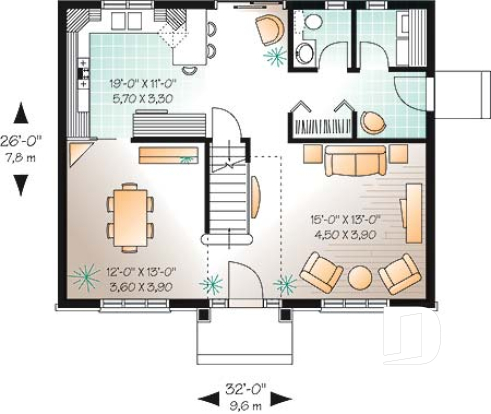 Rez-de-chaussée - Plan de cottage style anglais, 3 chambres, salle à manger formelle, grande salle de bain familiale - Seigneurial