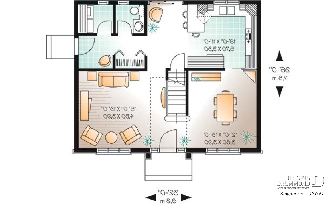 Rez-de-chaussée - Plan de cottage style anglais, 3 chambres, salle à manger formelle, grande salle de bain familiale - Seigneurial