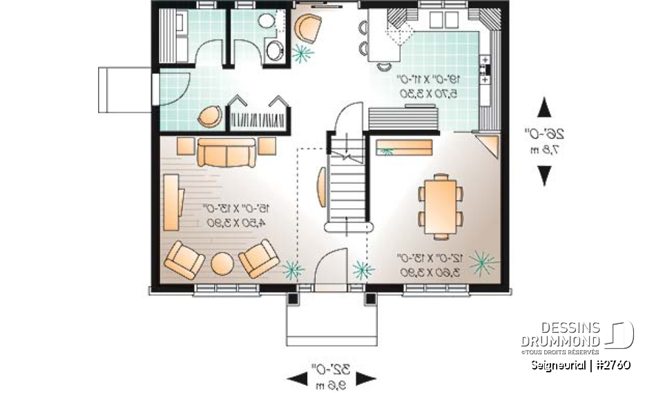 Rez-de-chaussée - Plan de cottage style anglais, 3 chambres, salle à manger formelle, grande salle de bain familiale - Seigneurial