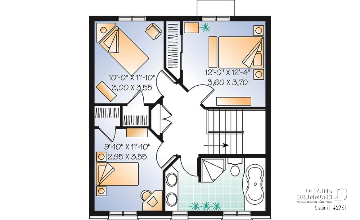 Étage - Plan de cottage de style anglais, 3 chambres, buanderie au r-d-c, grande cuisine et séjour avec foyer - Cellini