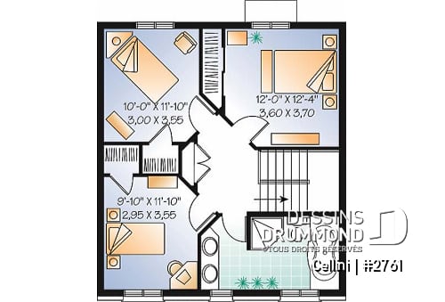 Étage - Plan de cottage de style anglais, 3 chambres, buanderie au r-d-c, grande cuisine et séjour avec foyer - Cellini