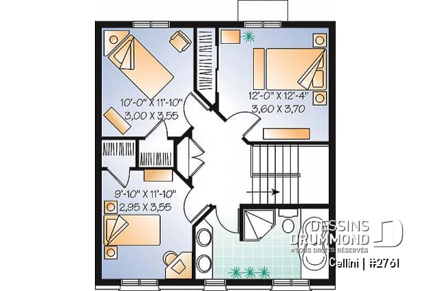 Étage - Plan de cottage de style anglais, 3 chambres, buanderie au r-d-c, grande cuisine et séjour avec foyer - Cellini