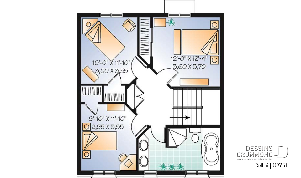 Étage - Plan de cottage de style anglais, 3 chambres, buanderie au r-d-c, grande cuisine et séjour avec foyer - Cellini