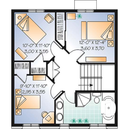 Étage - Plan de cottage de style anglais, 3 chambres, buanderie au r-d-c, grande cuisine et séjour avec foyer - Cellini