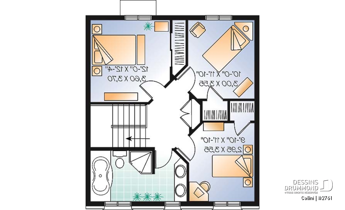 Étage - Plan de cottage de style anglais, 3 chambres, buanderie au r-d-c, grande cuisine et séjour avec foyer - Cellini