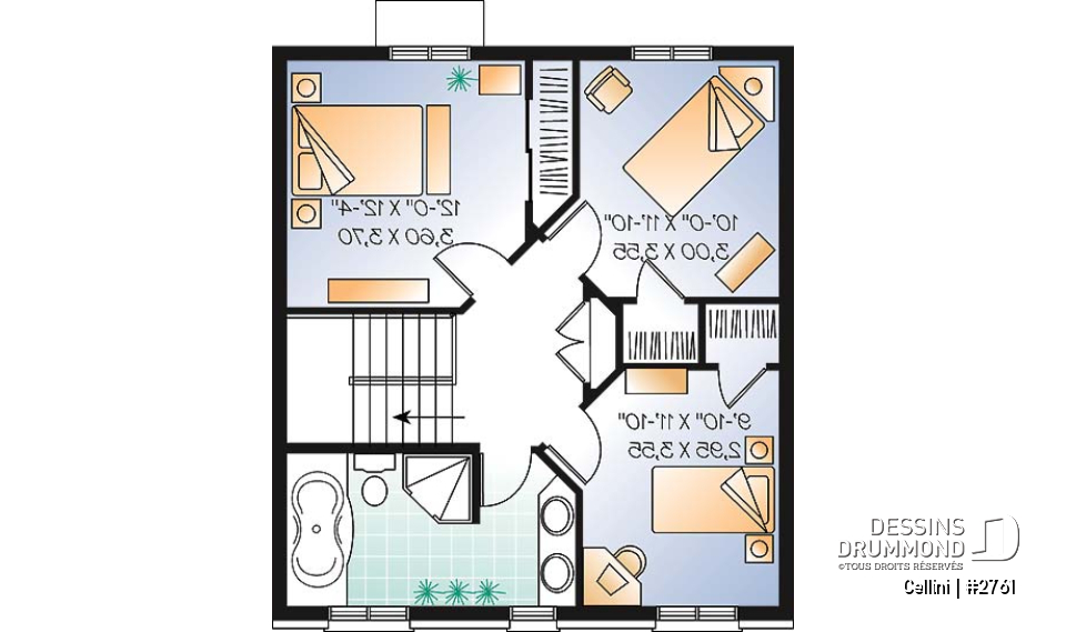 Étage - Plan de cottage de style anglais, 3 chambres, buanderie au r-d-c, grande cuisine et séjour avec foyer - Cellini