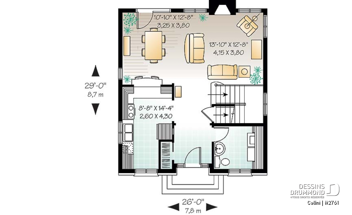 Rez-de-chaussée - Plan de cottage de style anglais, 3 chambres, buanderie au r-d-c, grande cuisine et séjour avec foyer - Cellini