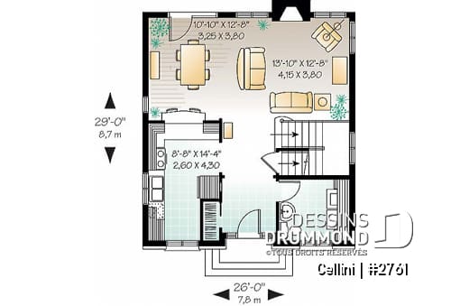 Rez-de-chaussée - Plan de cottage de style anglais, 3 chambres, buanderie au r-d-c, grande cuisine et séjour avec foyer - Cellini