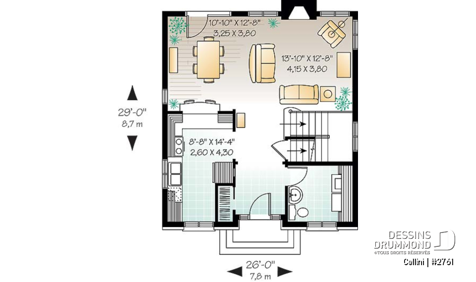 Rez-de-chaussée - Plan de cottage de style anglais, 3 chambres, buanderie au r-d-c, grande cuisine et séjour avec foyer - Cellini