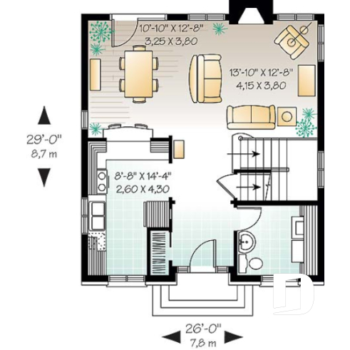 Rez-de-chaussée - Plan de cottage de style anglais, 3 chambres, buanderie au r-d-c, grande cuisine et séjour avec foyer - Cellini