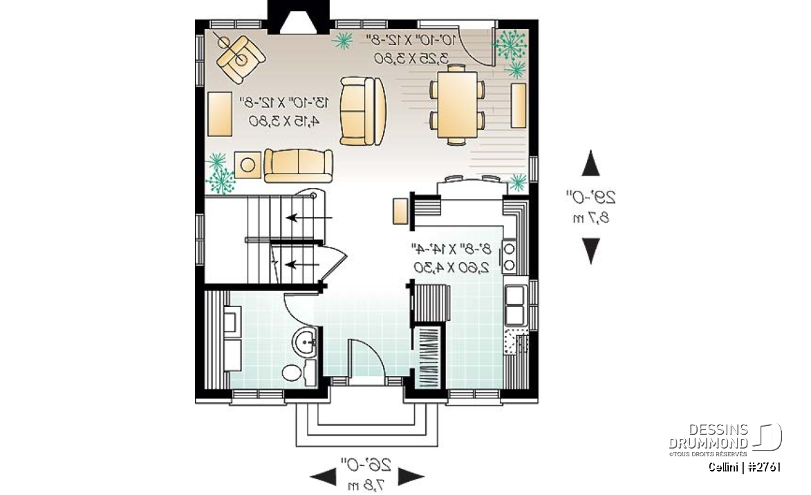 Rez-de-chaussée - Plan de cottage de style anglais, 3 chambres, buanderie au r-d-c, grande cuisine et séjour avec foyer - Cellini