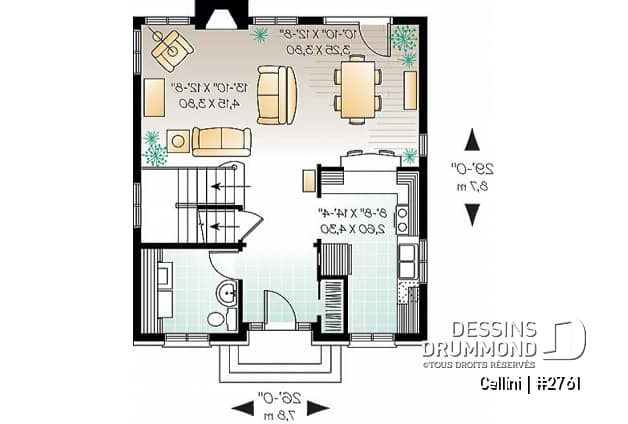 Rez-de-chaussée - Plan de cottage de style anglais, 3 chambres, buanderie au r-d-c, grande cuisine et séjour avec foyer - Cellini