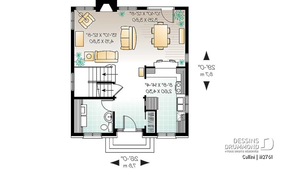 Rez-de-chaussée - Plan de cottage de style anglais, 3 chambres, buanderie au r-d-c, grande cuisine et séjour avec foyer - Cellini