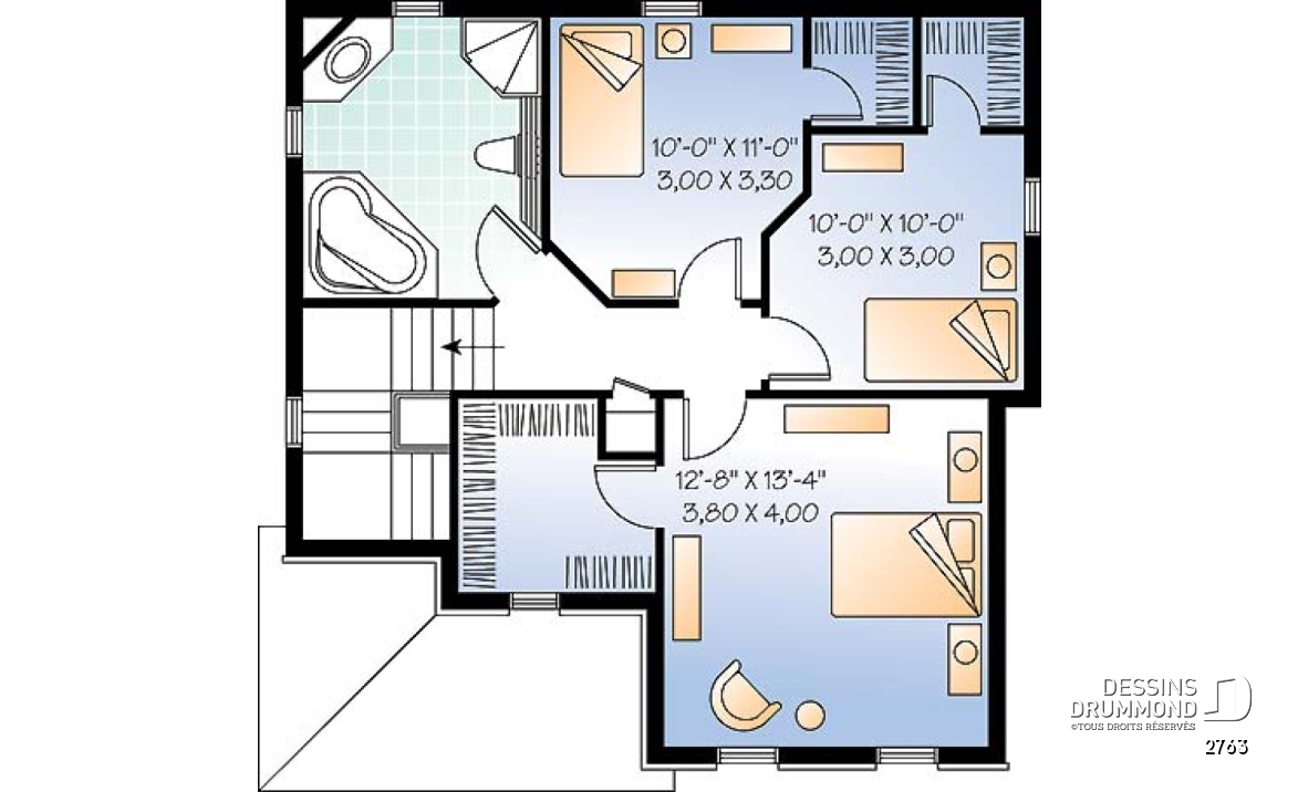 Étage - Plan de maison européenne, 3 chambres, salle de lavage au premier, balcon avant abrité - 