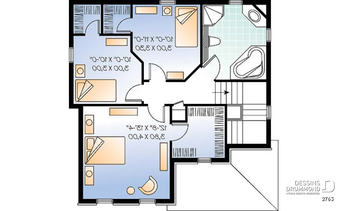 Étage - Plan de maison européenne, 3 chambres, salle de lavage au premier, balcon avant abrité - 