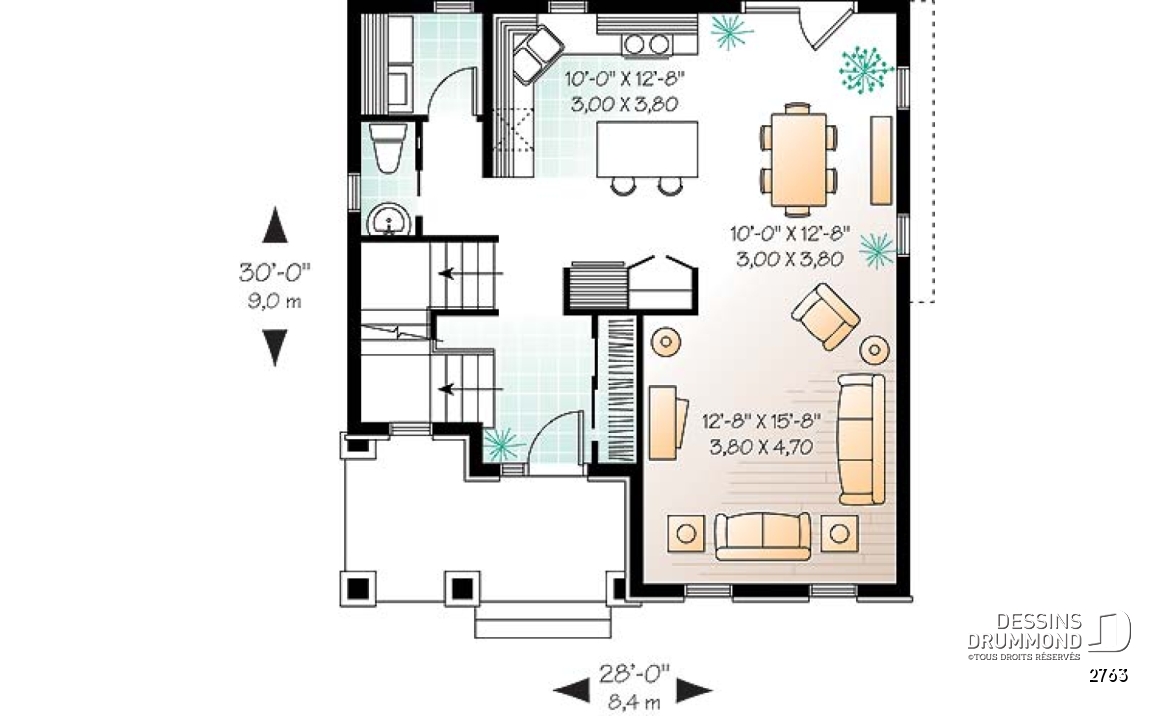 Rez-de-chaussée - Plan de maison européenne, 3 chambres, salle de lavage au premier, balcon avant abrité - 