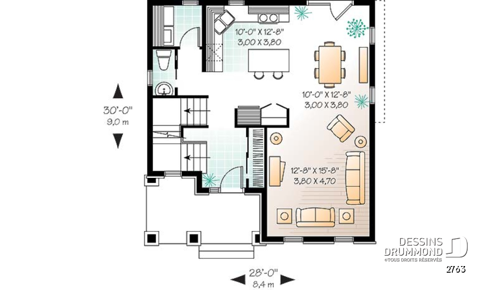 Rez-de-chaussée - Plan de maison européenne, 3 chambres, salle de lavage au premier, balcon avant abrité - 