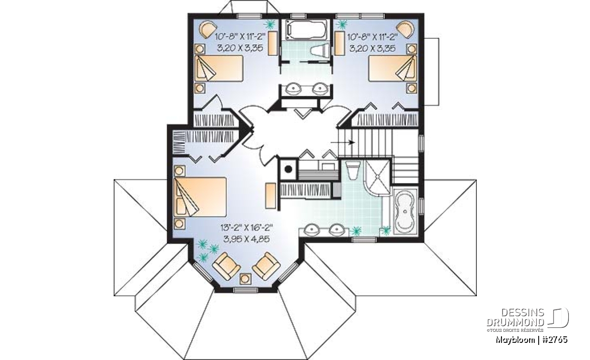 Étage - Plan maison 3 chambres,  grande suite des maîtres, buanderie à l'étage, foyer, garde manger et îlot - Maybloom