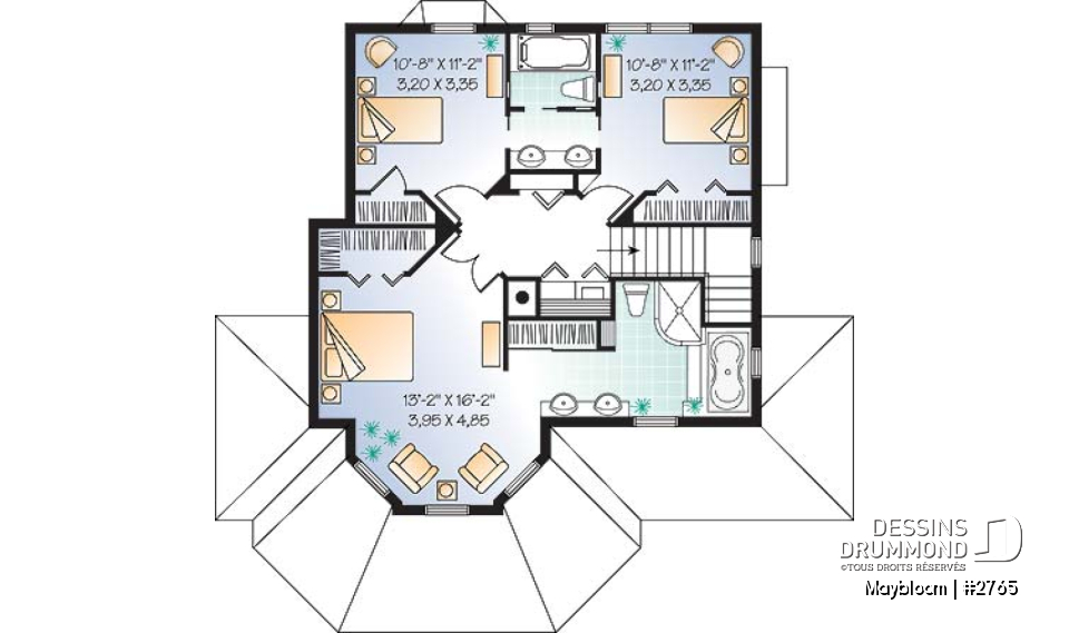 Étage - Plan maison 3 chambres,  grande suite des maîtres, buanderie à l'étage, foyer, garde manger et îlot - Maybloom