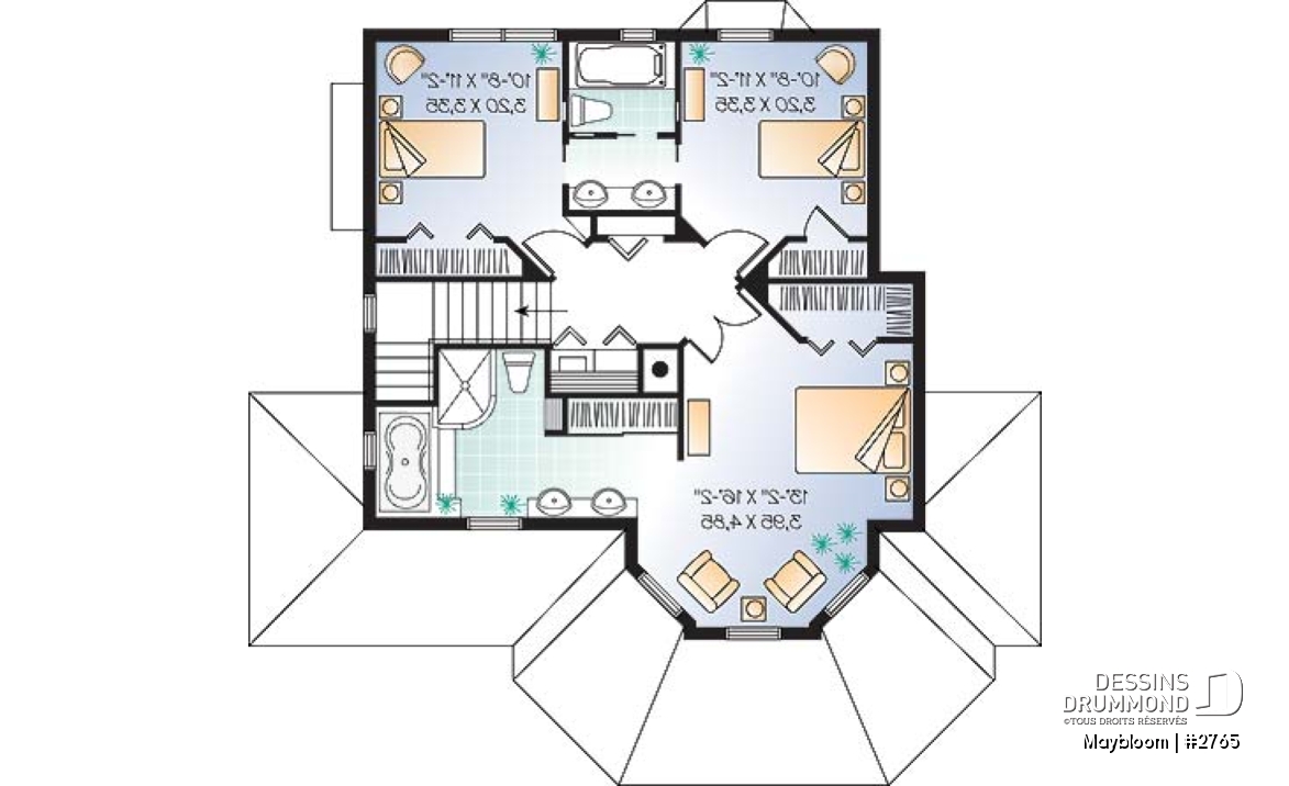 Étage - Plan maison 3 chambres,  grande suite des maîtres, buanderie à l'étage, foyer, garde manger et îlot - Maybloom