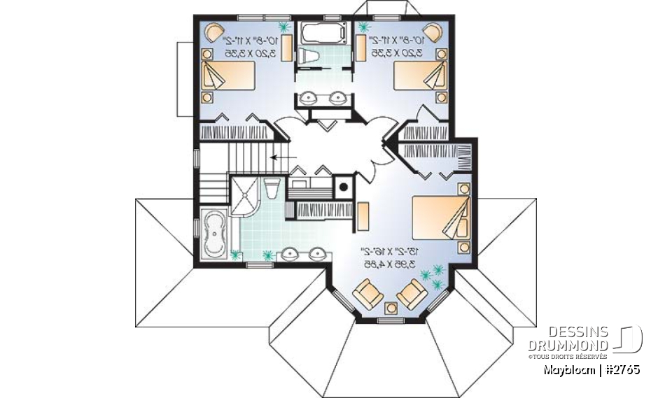 Étage - Plan maison 3 chambres,  grande suite des maîtres, buanderie à l'étage, foyer, garde manger et îlot - Maybloom