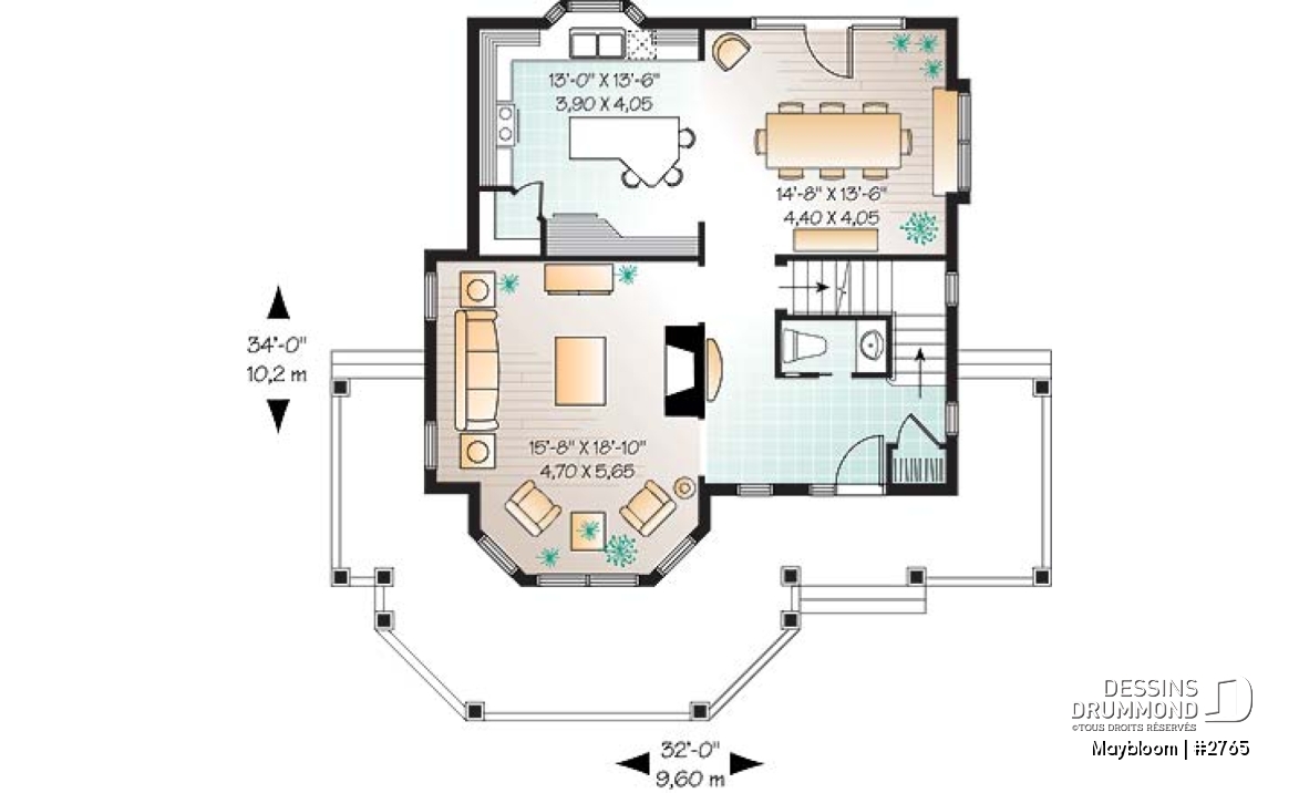 Rez-de-chaussée - Plan maison 3 chambres,  grande suite des maîtres, buanderie à l'étage, foyer, garde manger et îlot - Maybloom