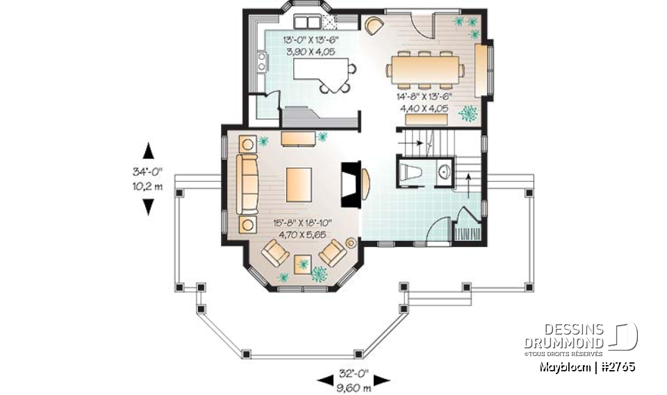 Rez-de-chaussée - Plan maison 3 chambres,  grande suite des maîtres, buanderie à l'étage, foyer, garde manger et îlot - Maybloom