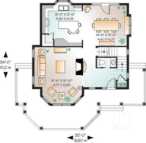 Rez-de-chaussée - Plan maison 3 chambres,  grande suite des maîtres, buanderie à l'étage, foyer, garde manger et îlot - Maybloom